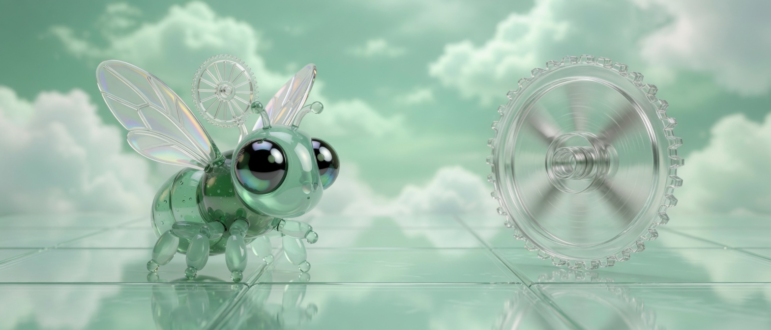 Glass fly standing with a spinning glass flywheel.